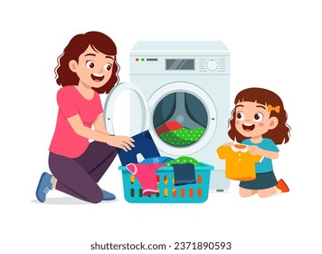 little kid helping mother to wash clothes