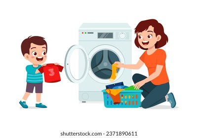 little kid helping mother to wash clothes