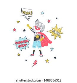 Little kid in hero costume vector illustration. Brave super boy in mask and cape cartoon character. Child playing superhero, childhood activity. Cosplay party, masquerade banner design element