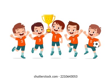 little kid and his friends win soccer and holding trophy