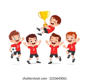 little kid and his friends win soccer and holding trophy