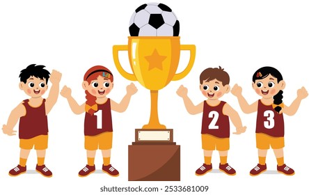 little kid and his friends win soccer and holding trophy. Happy cute kids celebrate win 