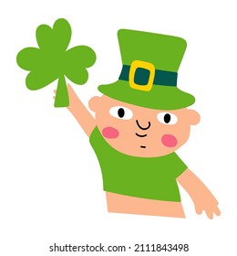 Little kid hold shamrock in his hand. Costume for St. Patrick's party. Vector illustration on white background