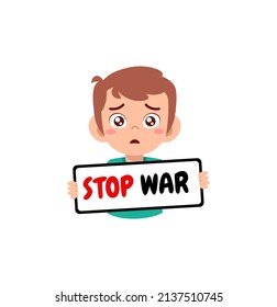 little kid holding anti war sign and feel sad