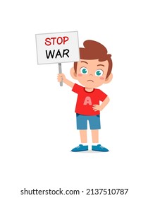 little kid holding anti war sign and feel sad
