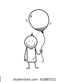 Little Kid Holding A Balloon, a hand drawn vector doodle illustration of a stick figure holding a big balloon.