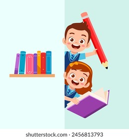 little kid holding book and pencil and feel happy