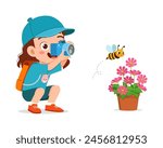 little kid holding camera and take photo of bee
