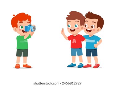 little kid holding camera and take photo of friend