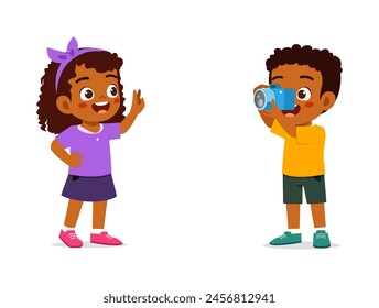 little kid holding camera and take photo of friend