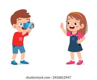 little kid holding camera and take photo of friend