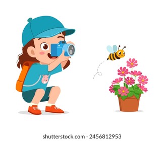 little kid holding camera and take photo of bee