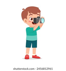 little kid holding camera and take photo