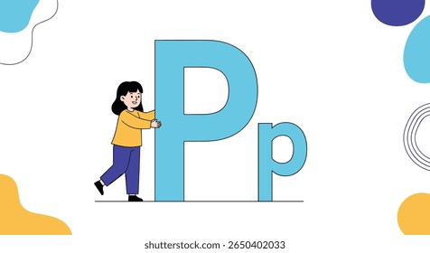 Little kid holding the giant letter p alphabet education for children early learning development
