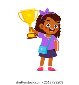 little kid holding golden trophy and wearing backpack