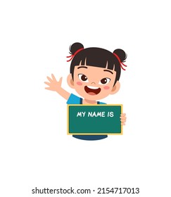 little kid holding name tag and feel happy