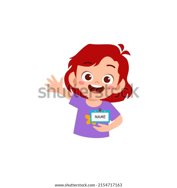 little kid holding\
name tag and feel happy