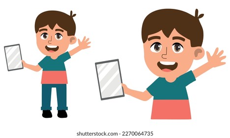 little kid holding smartphone and feel happy.