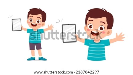little kid holding smartphone and feel happy