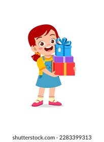 little kid holding stack of present box and walking