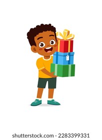 little kid holding stack of present box and walking