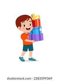 little kid holding stack of present box and walking