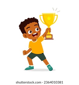 little kid holding trophy and feel happy