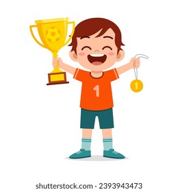 little kid holding trophy winning in sport