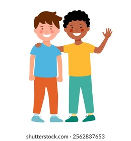 little kid hug best friend and feel happy in flat design.