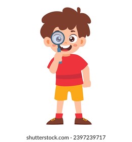 Little Kid inspecting through magnifying glass. Little boy standing and holding magnifier. Investigation Research Activity Isolated Element Objects. Flat Style Icon Vector Illustration