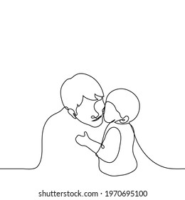 little kid kissing his father on the cheek - one line drawing vector. a cute kiss from a child, a warm relationship between parents and children