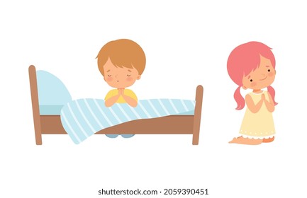 Little Kid Kneeling Beside His Bed and Praying with Folded Hands Vector Set