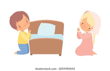 Little Kid Kneeling Beside His Bed and Praying with Folded Hands Vector Set