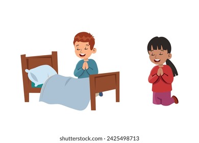 Little Kid Kneeling Beside His Bed and Praying with Folded Hands Vector Set