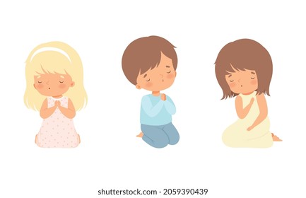 Little Kid Kneeling and Praying with Folded Hands Vector Set