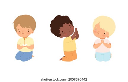 Little Kid Kneeling and Praying with Folded Hands Vector Set