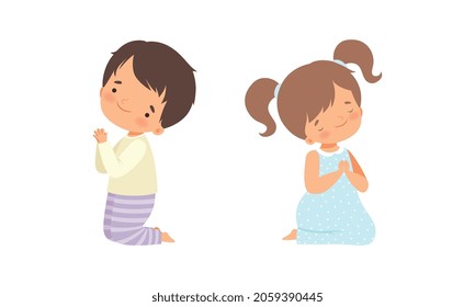Little Kid Kneeling and Praying with Folded Hands Vector Set