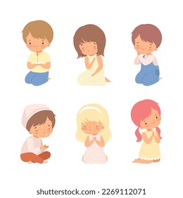 Little Kid Kneeling and Praying with Folded Hands Vector Set