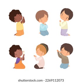 Little Kid Kneeling and Praying with Folded Hands Vector Set