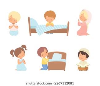 Little Kid Kneeling and Praying with Folded Hands Vector Set