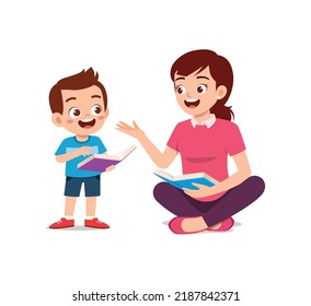 little kid learn how to read with teacher