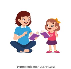 little kid learn how to read with teacher