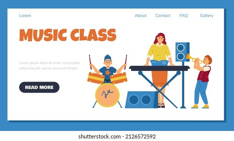 Little kid learning how to play drums, young boy play trumpet. Children music class cartoon vector illustration. Kids at music school are learned by adult teacher, online class banner.