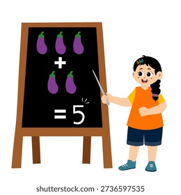 little kid learns subtraction and addition of vegetable in blackboard