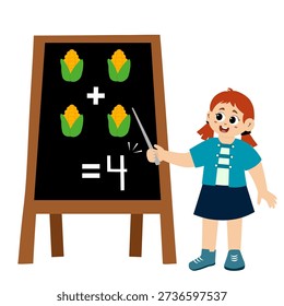 little kid learns subtraction and addition of vegetable in blackboard