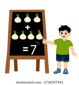little kid learns subtraction and addition of vegetable in blackboard