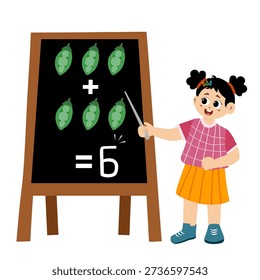 little kid learns subtraction and addition of vegetable in blackboard