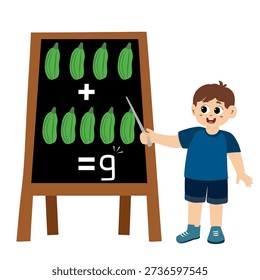 little kid learns subtraction and addition of vegetable in blackboard