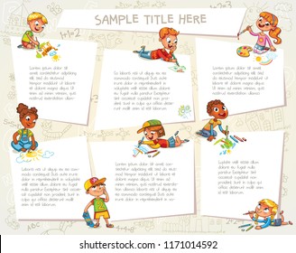 Little kid lying on her stomach and making a drawing on a paper. Happy children holding blank poster. Template for advertising brochure. Ready for your message. Kids look at a placard with interest