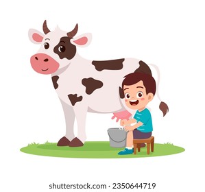 little kid milking cow and feel happy